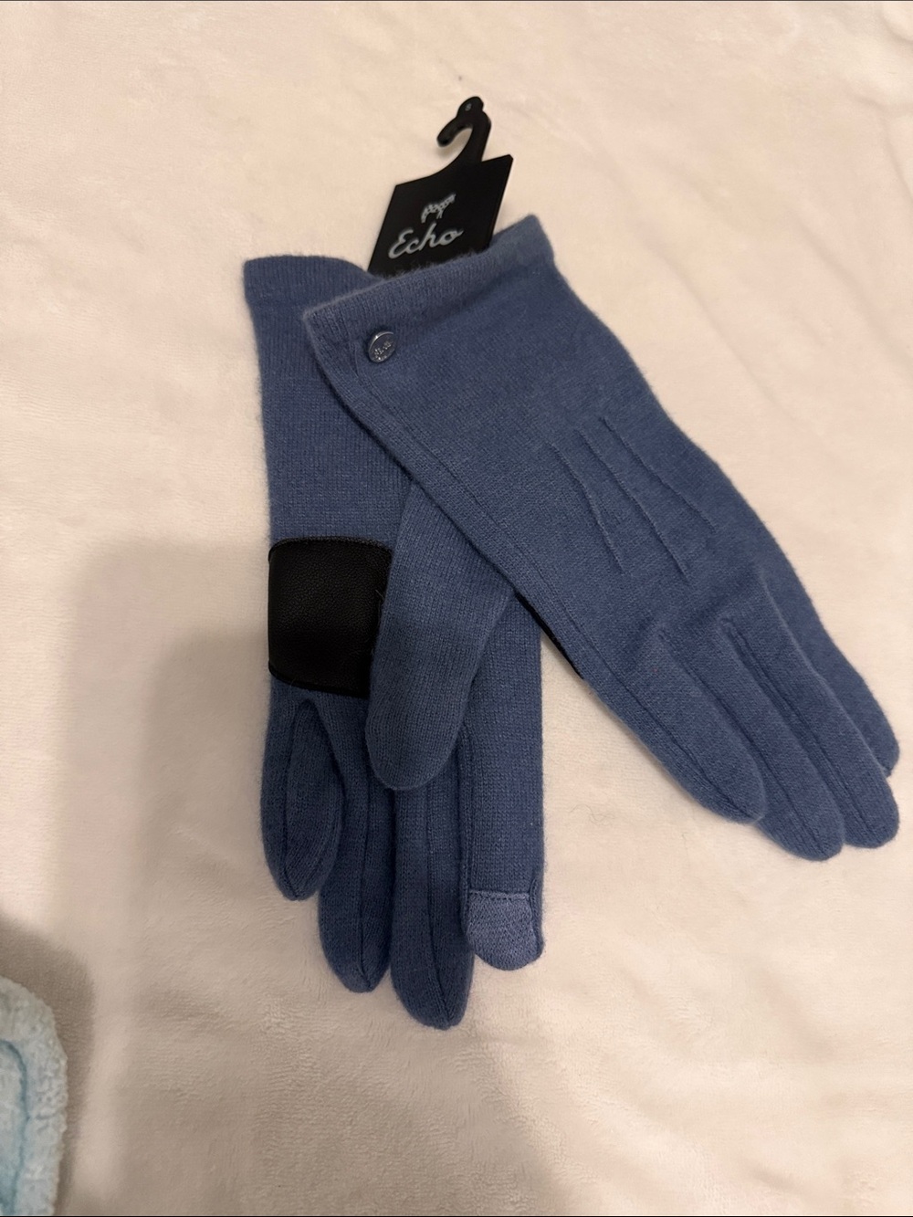 Echo Slate Wool Cashmere Blend Blue Knit Gloves with Black Wrist Panel